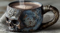 Rustic skull-shaped ceramic mug with hot chocolate beverage, featuring weathered blue patina finish and ornate handle design on textured fabric background.