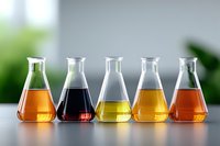 Laboratory glassware with colorful liquids in conical flasks arranged in row on gray surface against blurred green background. Scientific research concept.