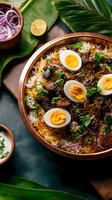 Traditional biryani with tender meat, boiled eggs, aromatic basmati rice, and fresh herbs served in clay bowl. Garnished with red onions and lime on banana leaf.