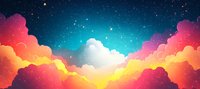 Vibrant sunset sky with fluffy clouds in pink, orange and turquoise colors against starry night background, dreamy atmospheric cloudscape for fantasy designs.