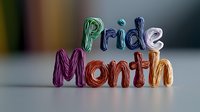 Colorful wire text spelling Pride Month in rainbow colors against blurred background, celebrating LGBTQ+ community and diversity awareness.