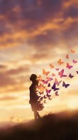 Woman silhouette releasing colorful butterflies at sunset creating magical transformation scene for freedom and hope concepts.
