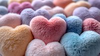 Soft plush hearts in pastel colors create romantic composition with gentle texture and dreamy atmosphere. Perfect for Valentine's Day cards and love themes.