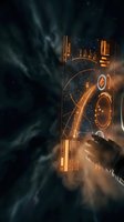 Futuristic holographic interface with glowing orange and gold digital elements, geometric patterns, and data visualization displayed on transparent screen touched by hand in dark atmospheric setting.