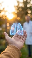 Holographic lungs floating above open palm with medical professional in background during golden hour sunset for healthcare and respiratory wellness concepts.