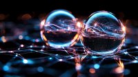 Glowing crystal spheres with digital grid patterns and light trails against dark background with bokeh effects.
