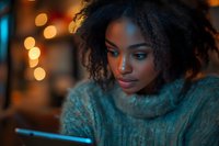 Young African American woman with natural curly hair wearing cozy teal sweater using digital tablet in evening, soft bokeh lights creating warm atmosphere.