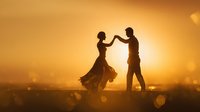 Romantic couple dancing at sunset with warm golden light creating silhouettes against orange sky. Man and woman in elegant pose for wedding or love concepts.