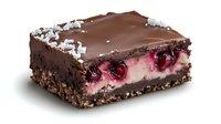 Chocolate glazed dessert bar with cherry and cream cheese filling on chocolate cookie base, decorated with coconut flakes, photographed on white background.