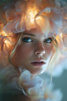 Young woman with blue eyes surrounded by glowing ethereal flowers and soft light, creating a dreamy, magical atmosphere for fantasy art.