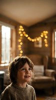 Young boy with curly hair smiling in cozy room with warm bokeh lights creating magical atmosphere for holiday celebrations and family moments.
