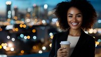 Young African American businesswoman with natural curly hair holding coffee cup, smiling against blurred city lights background at dusk, wearing black blazer.