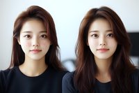 Young Asian women with long dark hair wearing black tops pose together in studio setting against light background, natural makeup and fresh complexion.