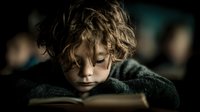 Young blonde boy with curly hair reading book in cozy sweater, focused on learning and education in warm indoor setting for literacy campaigns.