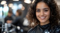 Young Hispanic woman with curly hair and bright smile at hair salon wearing black cape, looking at camera with natural makeup and confident expression. Professional beauty service.