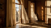 Sunlit interior hallway with flowing cream curtains and wooden paneling, casting dramatic light and shadows across the floor, suitable for luxury home design, real estate, and interior decoration projects.