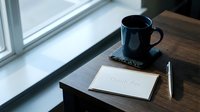 Thank you card with pen beside a dark blue mug on a wooden desk near a bright window, conveying gratitude and appreciation.