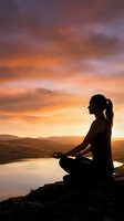 Woman meditating in lotus pose silhouetted against dramatic sunset sky over mountain lake landscape for wellness and mindfulness concepts.
