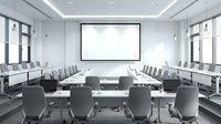 Modern corporate boardroom with blank projection screen and gray chairs arranged around conference table for business meetings and presentations.