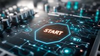 Glowing start button on futuristic circuit board with blue neon lights and digital connections. Technology concept for business innovation and digital transformation.
