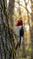 Red-headed woodpecker perched on moss-covered tree trunk in autumn forest with golden bokeh background for wildlife and nature photography projects.