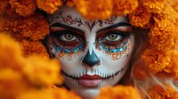 Woman with traditional sugar skull makeup surrounded by vibrant orange marigold flowers. Artistic face paint features intricate patterns and blue glitter details in Day of Dead style.