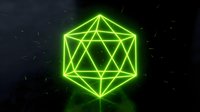 Glowing neon geometric wireframe polyhedron with bright green light on dark background, isolated for design use.