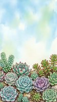 Watercolor succulent garden with pastel blue sky, featuring echeveria and sedum plants in soft green and purple tones.