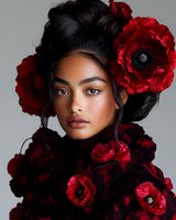 Young Asian woman with dramatic red poppies in dark hair and around neck, wearing natural makeup against gray background, fashion portrait in studio lighting.