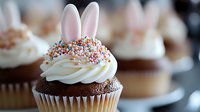 Chocolate cupcake with vanilla frosting swirl topped with colorful sprinkles and pink bunny ears, Easter holiday celebration dessert on dark background.