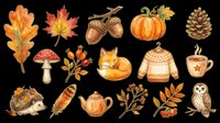 Autumn clipart set with fox, owl, hedgehog, pumpkin, mushroom, leaves, acorns, sweater, teapot, and berries. Isolated on transparent background, ready for stickers, T-shirts, and print on demand.