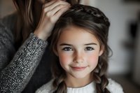 Young girl getting braided hairstyle from mother in cozy home setting. Family bonding moment during hair styling routine for special occasion or daily care.