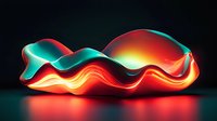 Abstract glowing wave form with vibrant red, turquoise and yellow colors against dark background creates dynamic light sculpture effect with reflective surface.