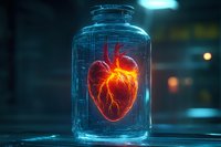 Glowing anatomical heart preserved in transparent glass jar, illuminating dark laboratory environment with vibrant red and yellow light.