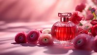 Elegant red glass perfume bottle surrounded by pink ranunculus flowers on soft pink background with natural lighting for luxury cosmetics advertising.