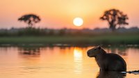 Capybara silhouette in calm water during golden sunset with acacia trees reflecting warm orange and pink sky colors creating peaceful wildlife scene.
