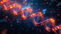 Glowing DNA helix structure with orange and red particles floating in dark blue cosmic space, representing genetic science and molecular biology research.