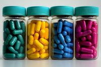Colorful pharmaceutical capsules in glass jars with green lids arranged in row showing green, yellow, blue and pink medicine pills for medical concept.