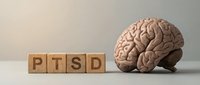 Wooden blocks spelling PTSD beside a detailed human brain model on a neutral background, representing mental health, trauma, and psychological disorders.