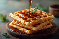 Stack of golden Belgian waffles drizzled with maple syrup and garnished with fresh mint leaves on rustic wooden board, close-up shot in warm lighting.