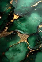 Luxurious emerald green and gold abstract marble texture with glitter particles, flowing liquid effect creates elegant artistic background for luxury design.