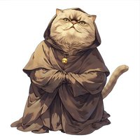 Grumpy Persian cat wearing brown monk robe with hood and bell. Funny anthropomorphic character on white background for stickers, merchandise and game design.