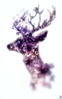 Magical deer silhouette filled with purple cherry blossoms and sparkles on white background, dreamy double exposure effect creates ethereal nature artwork.
