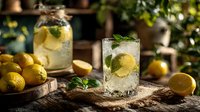 Refreshing lemonade with mint and ice in glass on rustic wooden table, surrounded by fresh lemons and jar of homemade drink.