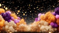 Magical colorful smoke clouds with glowing golden particles and bokeh lights against black background, creating dreamy atmospheric effect for creative designs.