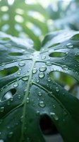 Fresh green tropical leaf with water droplets after rain in natural garden setting for wellness and nature concepts.