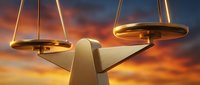 Futuristic justice scales floating in dramatic sunset sky with golden light beams, symbolizing legal balance and fairness in modern digital world.
