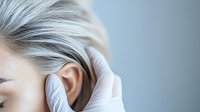 Close up view of medical professional wearing white gloves examining patient ear during otoscopy procedure, healthcare concept on gray background.