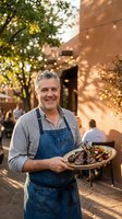 Mature Caucasian chef in denim apron holding grilled meat platter at outdoor restaurant patio during golden hour for culinary marketing and hospitality content.