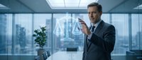 Professional businessman in suit interacting with holographic AI interface in modern office with city skyline view for technology presentations.